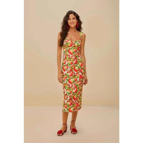 Farm Rio Off White Apple LENZING ECOVERO EUROFLAX Midi Dress Women's Size S - Picture 2 of 4